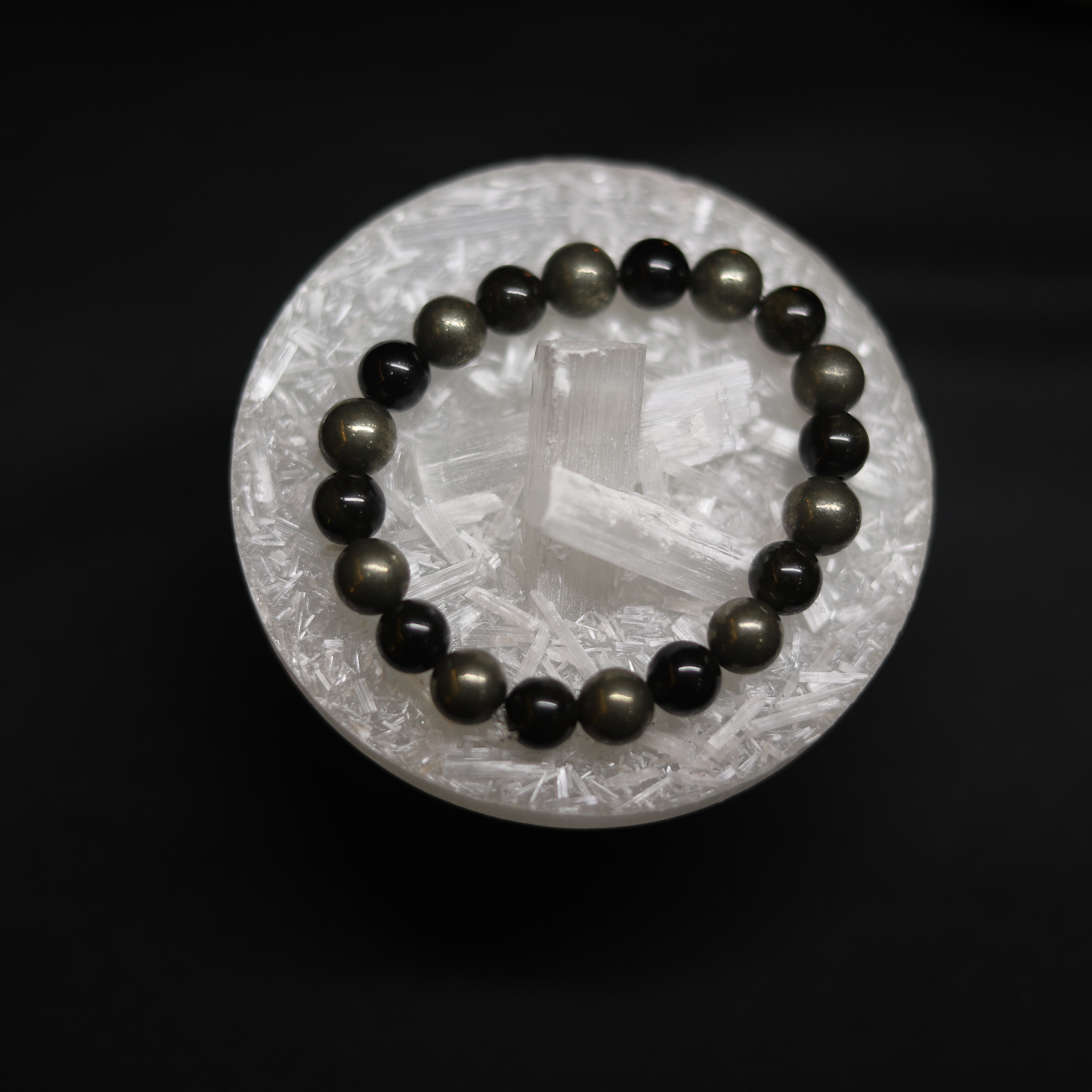 Blue Stone & Pyrite Crystal Bracelet with Selenite Charging Plate