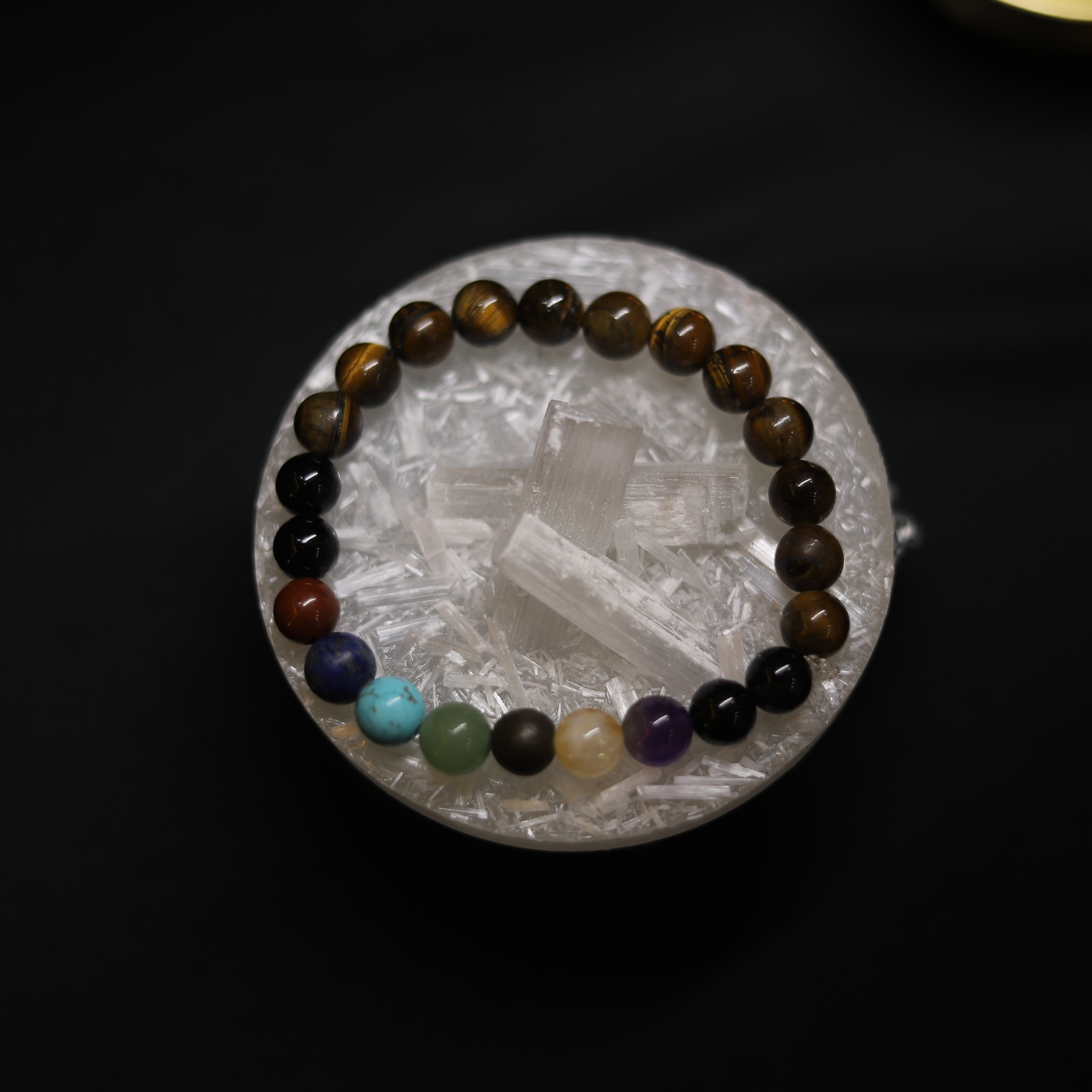 Tiger Eye 7 Chakra Healing Bracelet with Selenite Charging Plate
