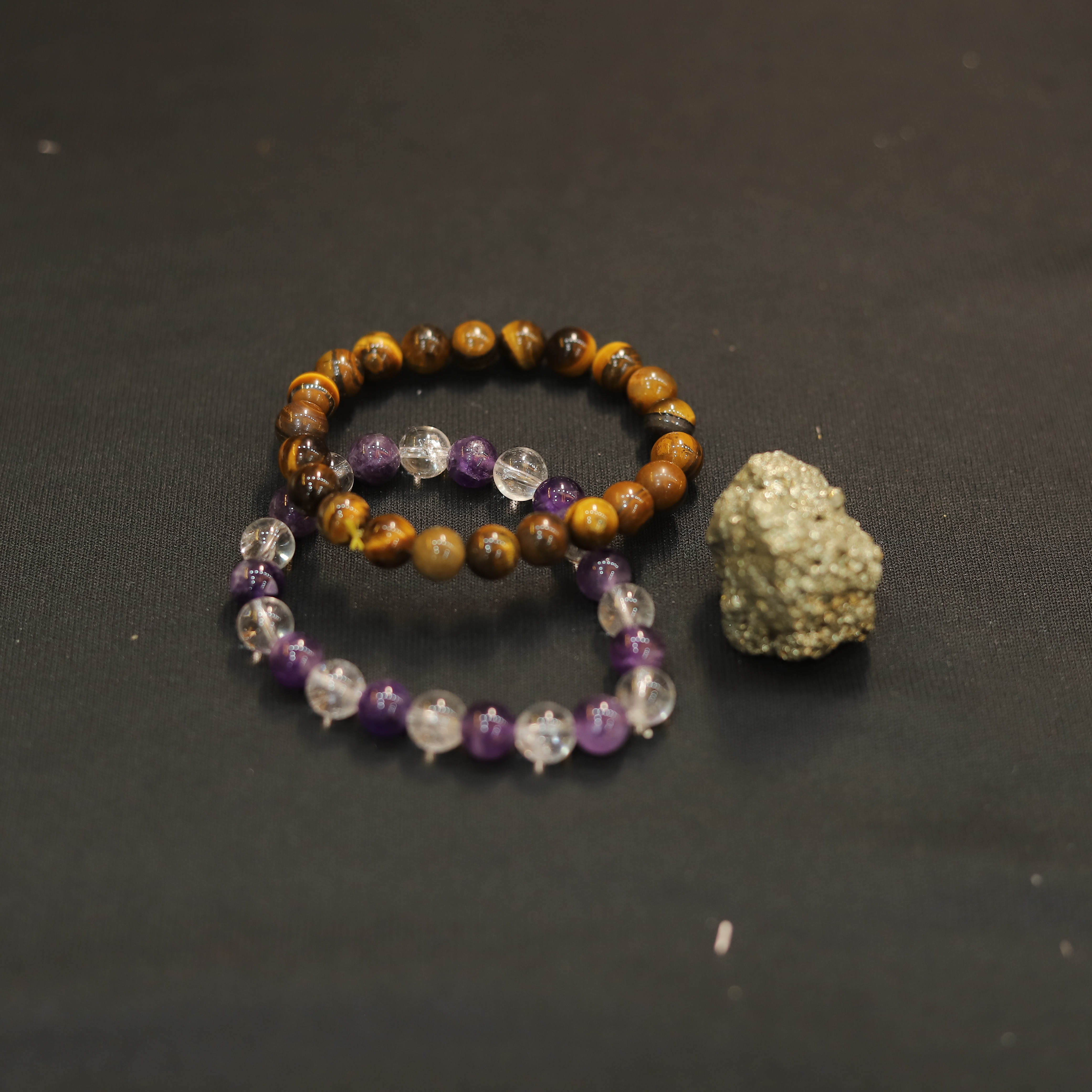 Tiger Eye, Amethyst, Clear Quartz & Pyrite Crystal Bracelet Set