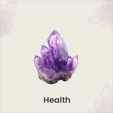 Purple amethyst crystal cluster with health text on a light background