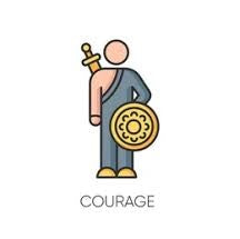Minimalist icon of a warrior holding a sword and shield labeled Courage