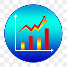 Stylized circular graph icon with rising bar chart and ascending arrow on blue gradient background