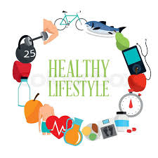 Healthy lifestyle concept with icons of exercise, nutrition, medical tools, and wellness in a circular layout
