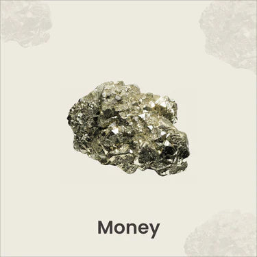 close-up of a shiny metallic mineral rock with the word Money below on a light background