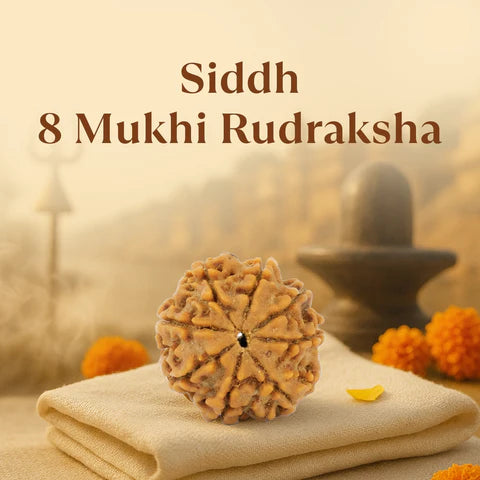 Siddh 8 Mukhi Rudraksha bead on folded cloth with marigold flowers and Shiva lingam background