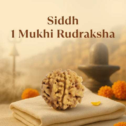 Close-up of Siddh 1 Mukhi Rudraksha bead on beige cloth with blurred Shivling and marigold flowers background