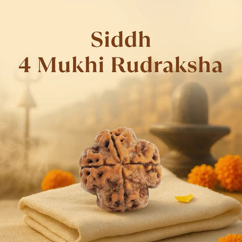 Close-up of Siddh 4 Mukhi Rudraksha bead on beige cloth with blurred Shiva lingam and marigold flowers