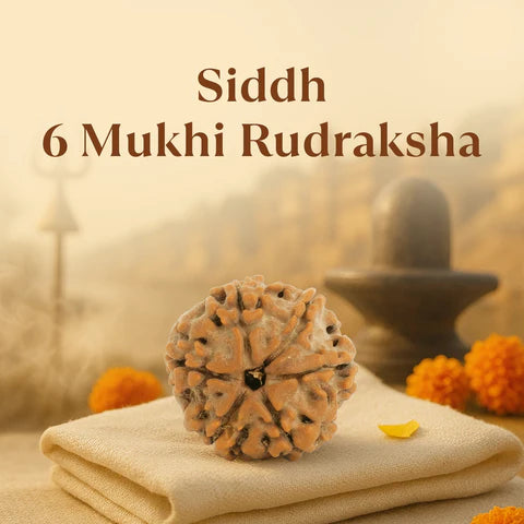 Close-up of Siddh 6 Mukhi Rudraksha bead on beige cloth with marigold flowers and shiva lingam in background