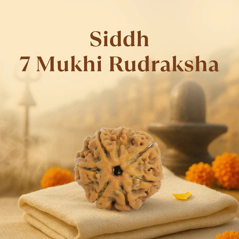 Close-up of Siddh 7 Mukhi Rudraksha bead on beige cloth with blurred background and marigold flowers