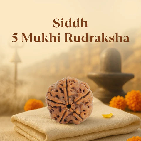 Siddh 5 Mukhi Rudraksha bead placed on folded beige cloth with blurred spiritual background