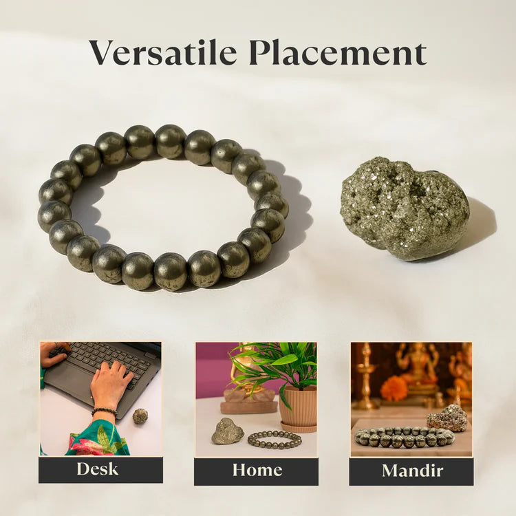 Pyrite gemstone bracelet and druzy stone displayed with versatile placement options for desk, home, and mandir settings