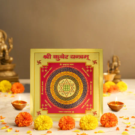 Shri Kubera Yantra spiritual square plate with intricate sacred geometry, surrounded by marigold flowers and lit oil lamps