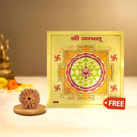 Sacred Shri Yantra geometric design with Rudraksha bead on wooden holder, spiritual meditation setup