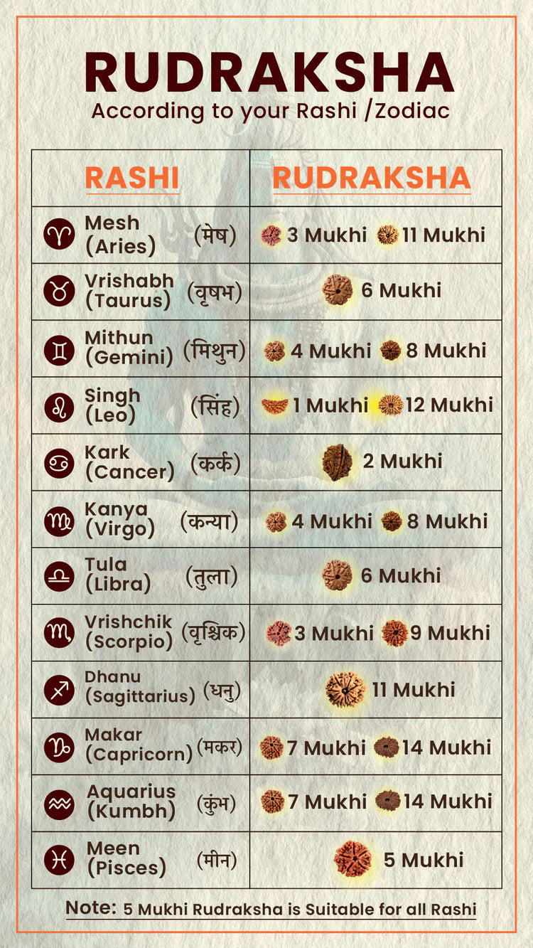 Chart showing Rudraksha bead types matched with zodiac signs (Rashi) and their Mukhi counts for Aries to Pisces